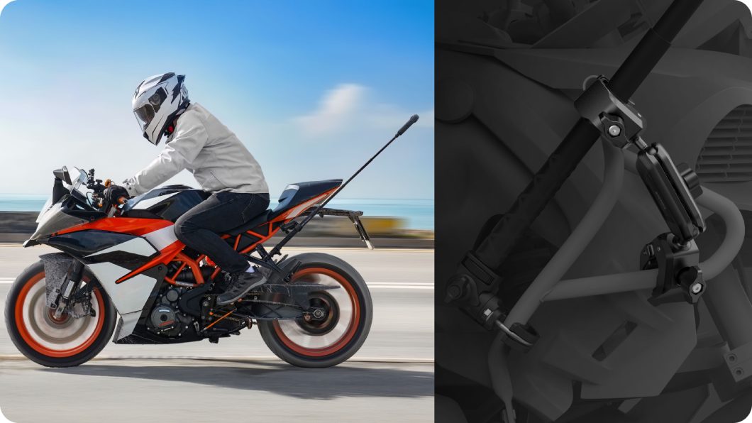 Insta360 Crab Clamp zamocowany do kijka Selfie i motocykla