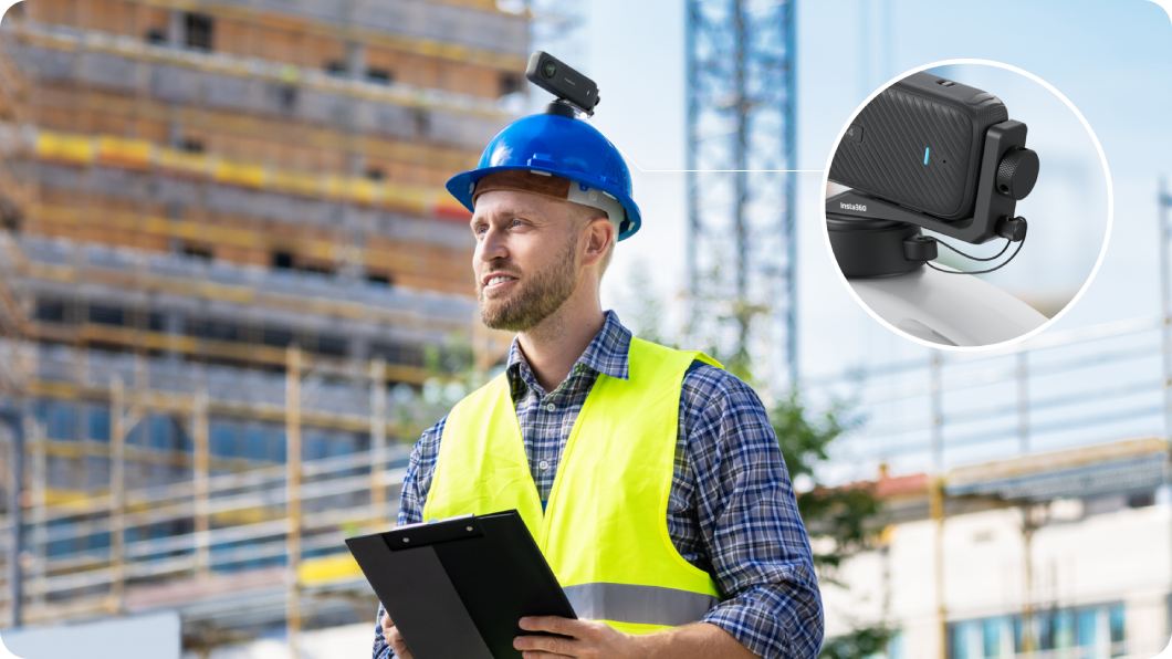 Insta360 Hard Hat Camera Mount Base zamocowana na kasku ochronnym wraz z kamerą Insta360 X4