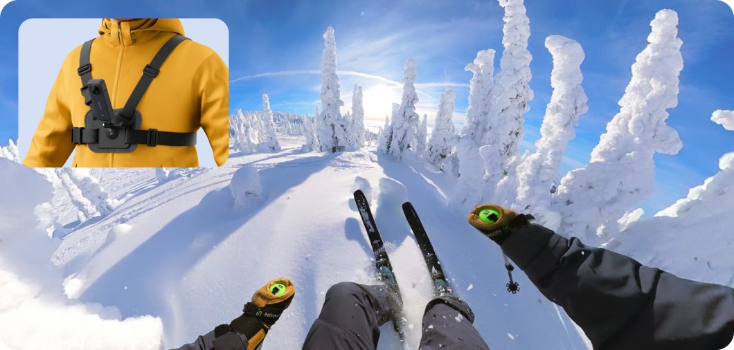 Insta360 Snow Bundle kamera Insta360 X4 zamocowana na klatce piersiowej oraz widok z perspektywy nagrania