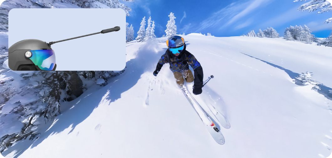 Insta360 Snow Bundle kamera Insta360 X4 zamocowana na kasku oraz widok z perspektywy nagrania